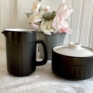 Vintage Rare 1960’s Mikasa Terra Stone Ink Black Creamer Pitcher and Sugar Bowl